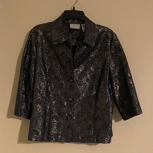 Alfred Dunner Black and Silver Metallic Brocade 3/4 sleeve Holiday jacket
